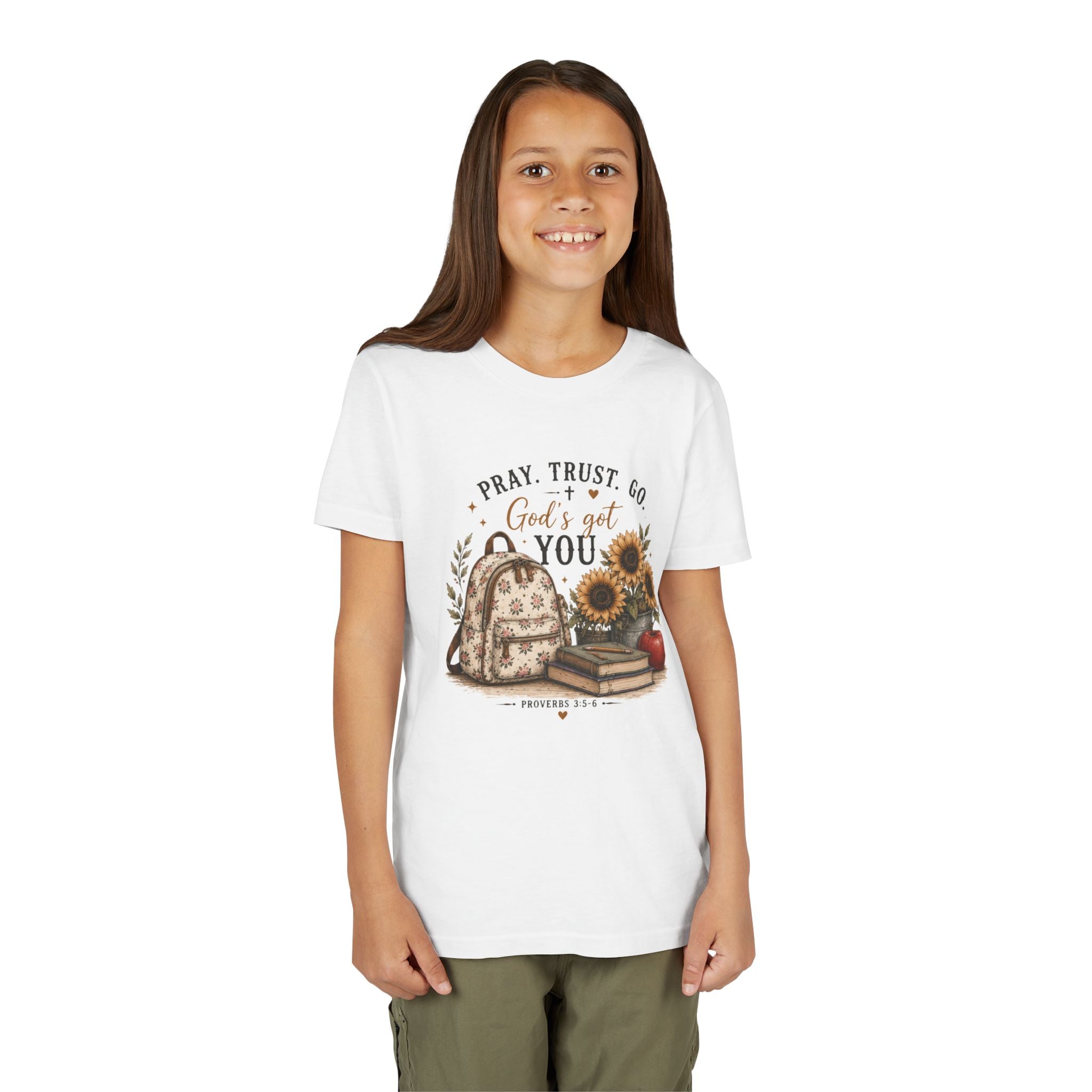 Youth Graphic T-Shirt - "Pray, Trust, Go. God's Got You" Back-to-School Sunflower Backpack Design