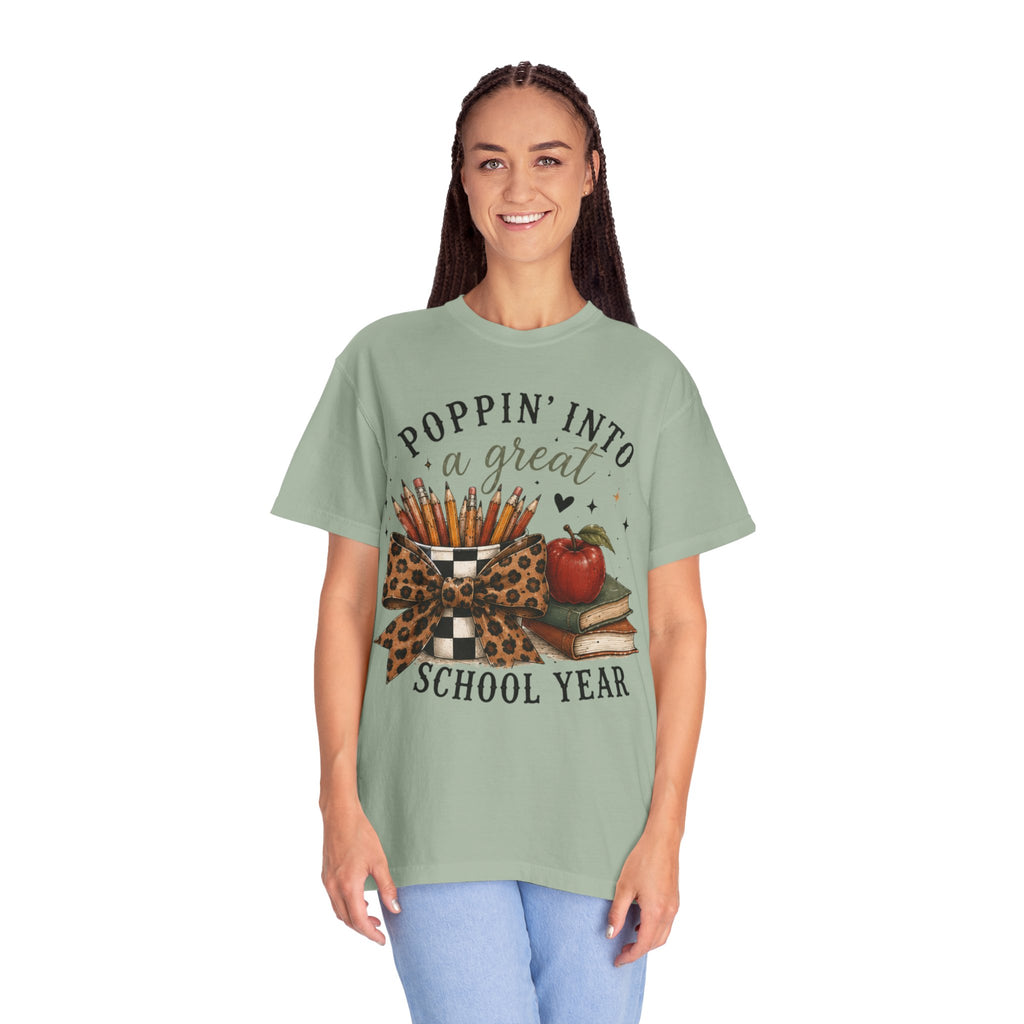 Adult Graphic T-Shirt — “Poppin’ Into a Great School Year” Back-to-School Teacher Tee — Leopard Bow Pencil Cup Design