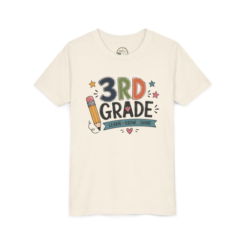 3rd Grade Graphic T-Shirt – 'Learn • Grow • Shine' Back-to-School Kids Shirt