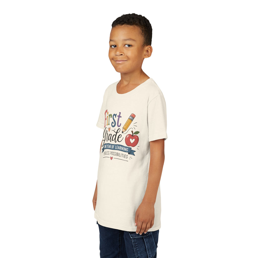 First Grade Graphic T-Shirt - "First Grade: One Year of Learning, Endless Possibilities" Back-to-School Shirt