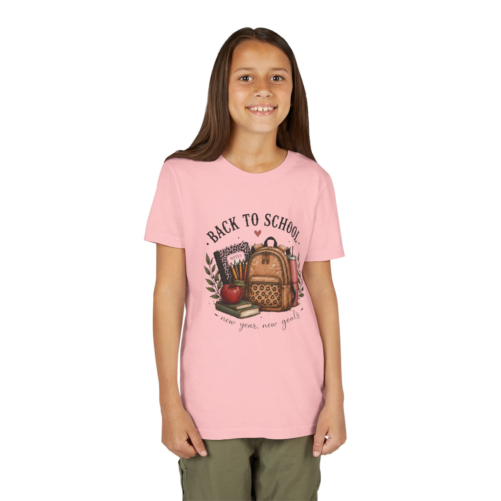 Youth Back to School Graphic T-Shirt – 'Back to School' Backpack & Apples Design